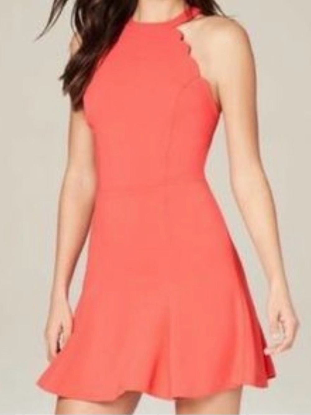 Bebe Scalloped Halter Dress  flare skirt Color Coral Size 0. NWT brand new